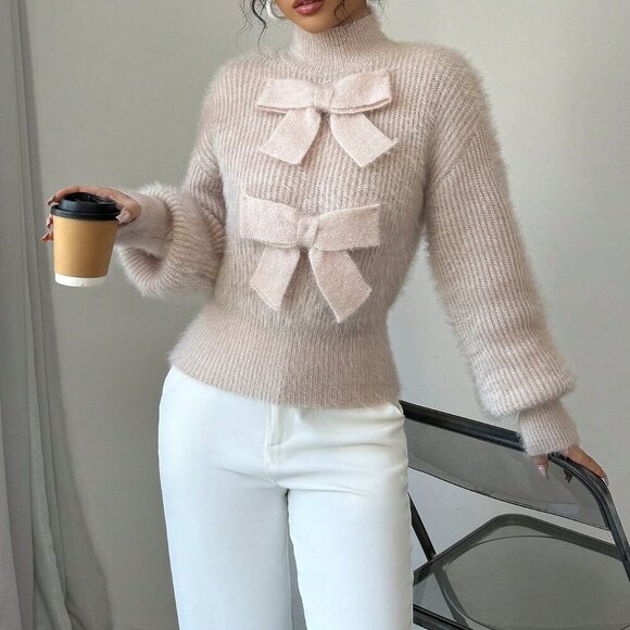 Apricot Casual Women's Stand Collar Bow Decor Sweater - Picture 3 of 7